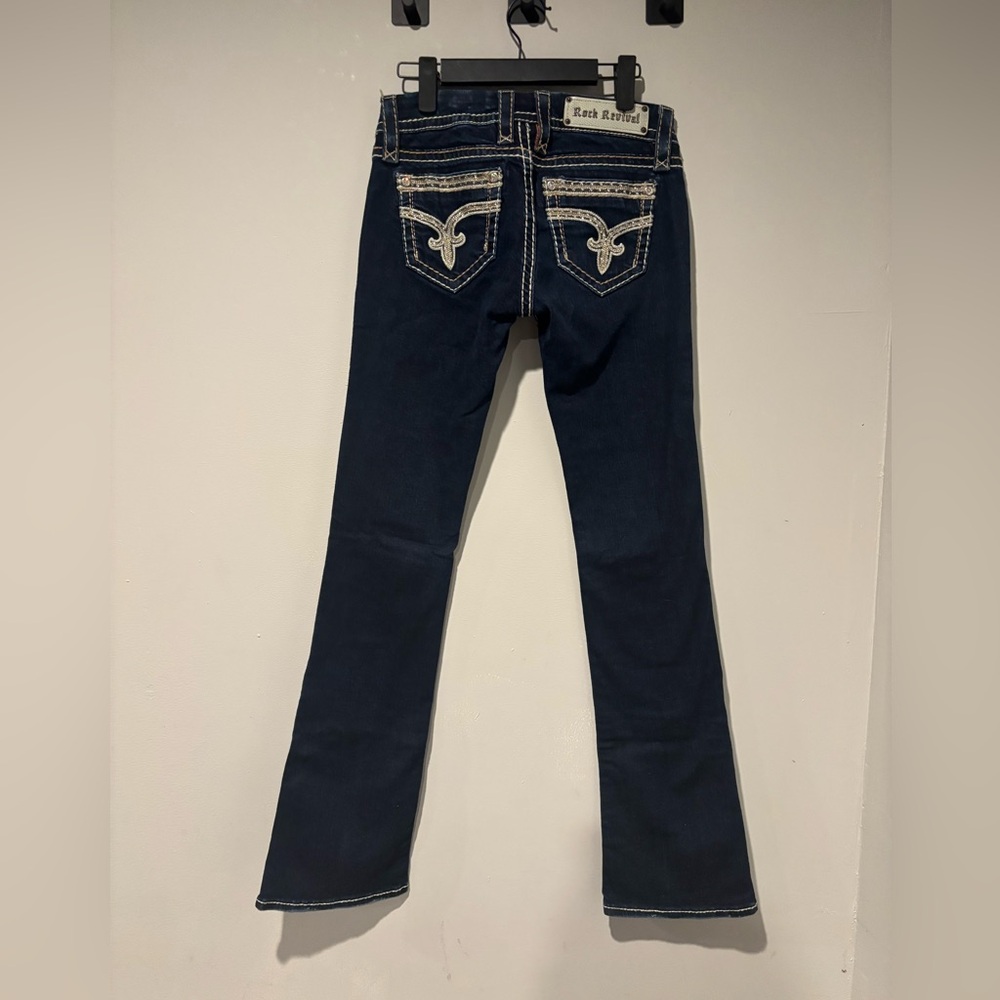 Boho Chic Western Rock Revival Dark Wash Sherry Boot Cut Y2K Jeans - Picture 3 of 6